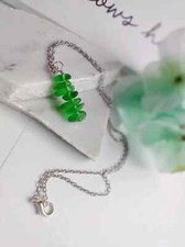 Green Stacked Sea Glass Beach Pendant Necklace, Stainless Steel, Ocean Lover's