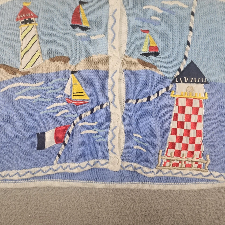 Vtg Breckenridge Sweater L AOP Sail Boat Nautical Lighthouse SS Cardigan Coastal - Image 3 of 4