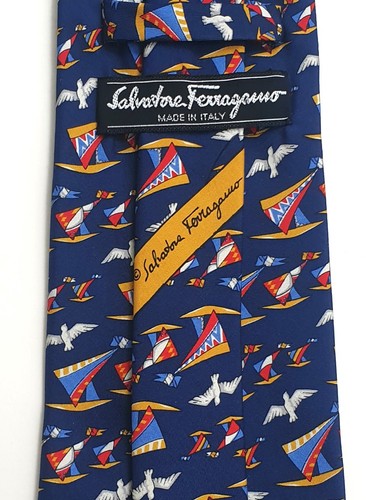 Salvatore Ferragamo Vintage Krawatte 100% Seide Italy blau Segel Möwen - Bild 1 von 4