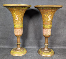 Rare Vintage Etched Brass Trumpet Vases ~ Hand Painted ~ Height 20.7cm