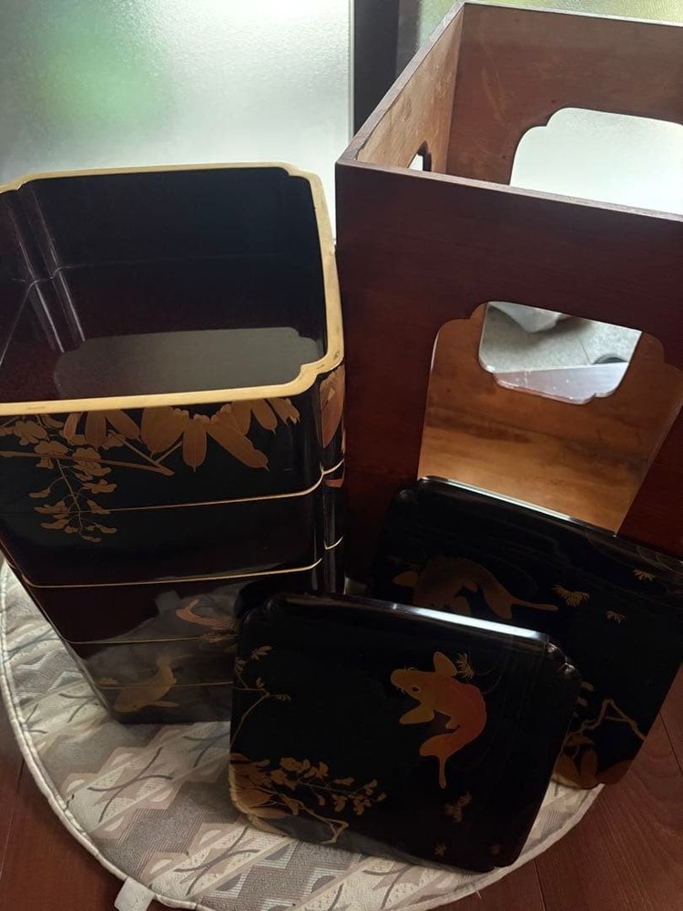 Jubako Bento Box Japanese Lacquer box with carp decoration Jubako Bento Box Japanese Lacquer box with carp decoration
