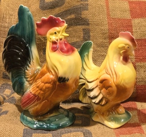 Royal Copley Rooster and Hen Set Colorful Ceramic Figurine Vintage 40-50's OHIO
