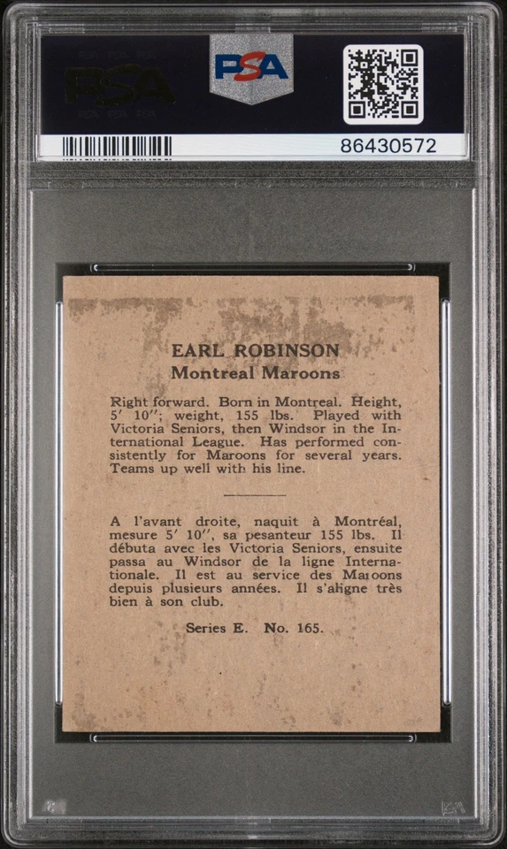 1937 O-PEE-CHEE EARL ROBINSON 165b VG W304E PSA 3 HOCKEY MONTREAL MAROONS - Image 2 of 2