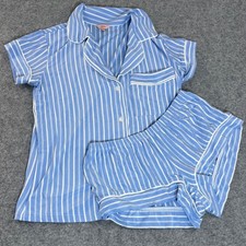 Eberjey Womens Blue White Striped Pajama Set Shorts Button Up Top Sleepwear