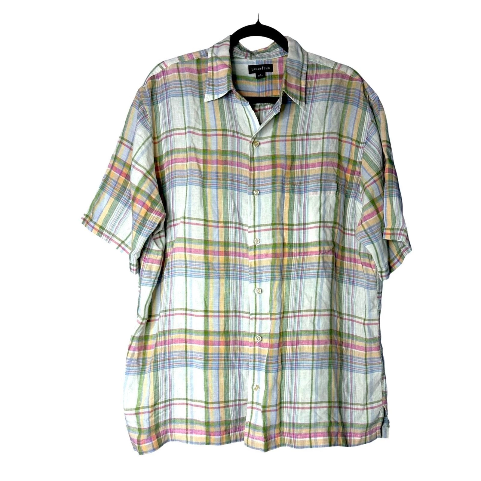 Lands End Mens Plaid Short Sleeve Shirt Sz L Spring Linen Resort Pastel Vacay