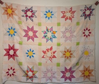 Vintage Patchwork Handmade Quilt in Star Flower Design 72" x 62"