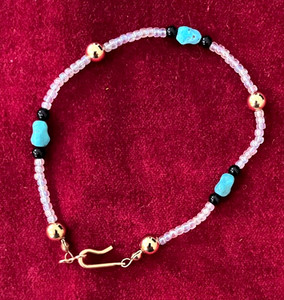 Turquiose & Black Onyx Beaded Bracelet - 8" - Gold Color Hook & Eye Clasp