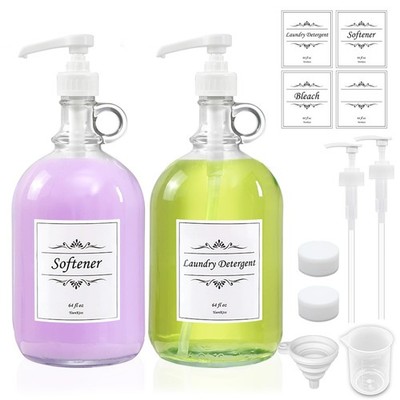 2 Pack Laundry Detergent Dispenser with Pump and Lid, 64 Oz Glass Bottles for...