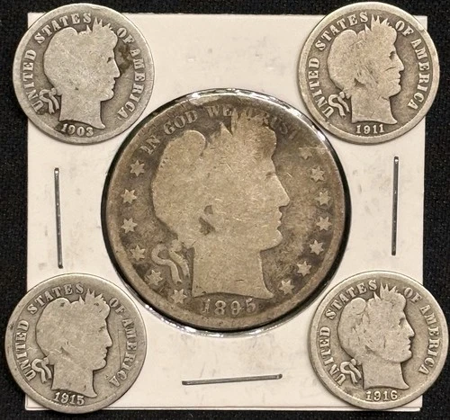 Silver Barber Lot: 1895-P Half Dollar (Better Date) + 4 Barber Dimes!!