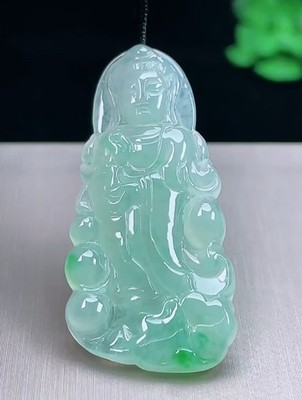 Extremely Fine Carving Icy Translucent Green Jadeite Jade Kwan-Yin Pendant《A》606
