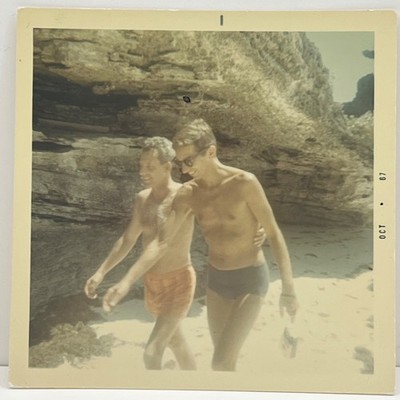 1960s Two Shirtless Men Affectionate Beach Walking Gay Interest Vintage Photo