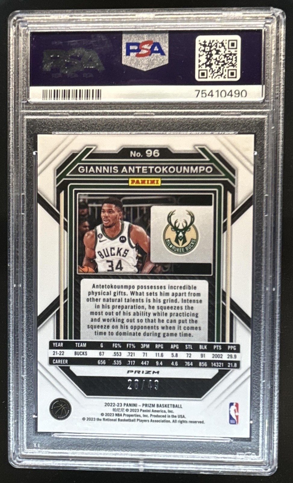 2022-23 Panini Prizm Giannis Antetokounmpo Prizm Orange #/49 Bucks PSA 10 view 2