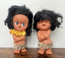 2 Vintage Hawaii Hawaiian Hula Dancer Doll Crossed Arms Happy Freckle Face 9.5"