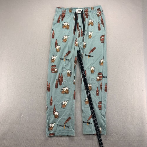 Beer Pajama Pants Mens Medium Blue Sleepwear Loungewear Beery Tired Bottle - Picture 9 of 14