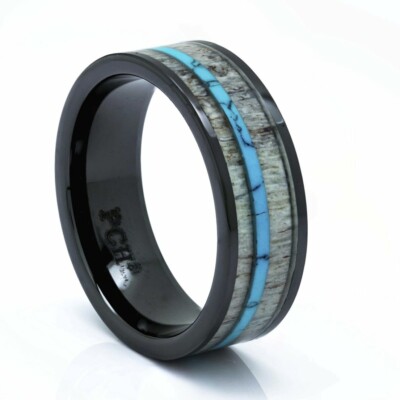 Black Ceramic Deer Antler Ring, Deer Antler and Turquoise Inlay, 8mm Comfort Fit