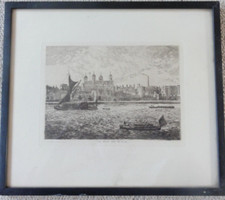 Antique Etching Tower of London from the River, Catty and Dobson, framed
