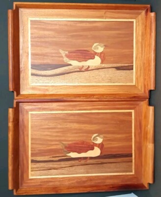 Vintage Marquetry Inlayed Wood Duck Waterfowl Tray 19.5'' X 12.5'' Set (2) Trays 