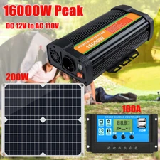 16000W Car Power Inverter DC12V to AC 110V 200W Solar Panel Kit 100A Controller