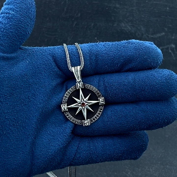 925 Sterling Silver Micro-Stone Sailor's Compass Design Men's
