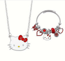 Hello Kitty Silver Charm Bracelet  Necklace Set   Red Bow Accent Jewelry Gift