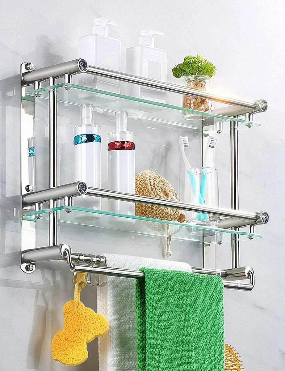 Glass Bathroom Shelf Wall Mounted Floating Glass Shelves with Towel Holder Hooks