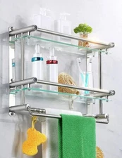 Bathroom Shelf Tempered Glass Floating Shelves Wall Mounted Storage + Towel Bar
