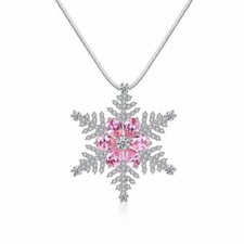 Shiny Silver Sparkling Pink  Clear CZ Large Snowflake Pendant 25" Long Necklace