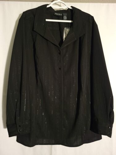 Maggie Barnes-NWT-Black Silver Striped Long sleeve Button Shirt Top Blouse-3X