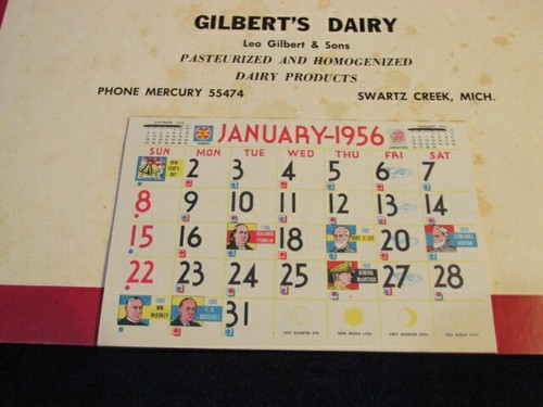 vtg-1956-calendar-gilbert-s-dairy-swartz-creek-mi-complete-unused-baby