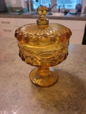 Beautiful Amber Glass LG Wright Eyewinker Covered Candy Dish Mid Century Modern