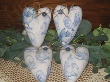 French Country Blue Decor 4 Rooster Chicken Fabric Hearts Handmade Bowl Fillers