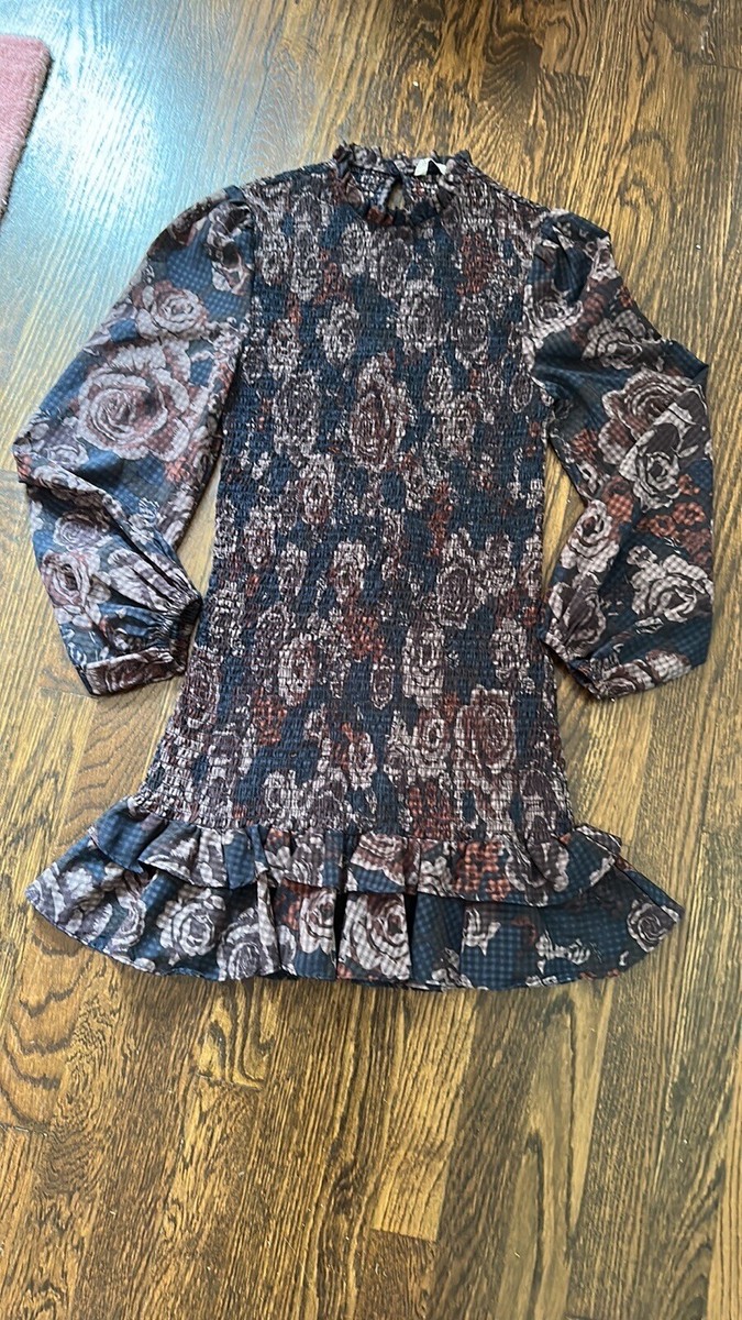 Zara Womens XS Flounce Dress Black Floral Drop Waist Mini Long Sleeve Ruffle