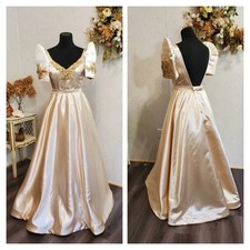 Champagne Wedding Dresses Short Sleeves Satin Vintage Backless Bridal Gowns