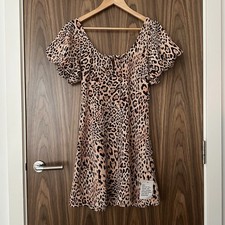 ASOS Leopard Print Puff Sleeve Tie Front Mini Tea Dress UK 10 NEW