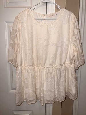 Mi Ami Blouse Top Plus Size 2X Ivory Burnout Puff Sleeve Lined Peplum EUC
