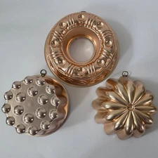 Set of 3 Copper Tone Jello Molds Round Fluted Bundt Hanging Retro Decor