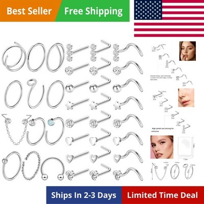 9-40 Pcs Nose Rings - Hoops, Studs & L Shape - Hypoallergenic Stainless Steel...