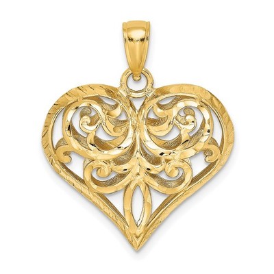 14K Gelbgold poliert 3-D Diamantschliff filigran gepufftes Herz Charm Anhänger