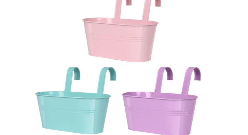 Paquete de 3 ganchos de cubo ovalados para jardinera barandilla de metal drenaje púrpura rosa azul Foto 2 de 3