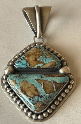 Signed Navajo Jimmy Secatero Sterling Silver Pilot Mountain Turquoise Pendant
