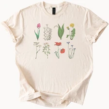 botanical flower graphic t shirt wildflowers tulip dandelion poppy chamomile art