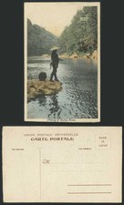Japan Old Postcard Angler Fisherman Fishing Hodzu River