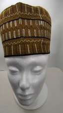 Men's Brown Tan White Striped Embroidered Fez African Hat One Size