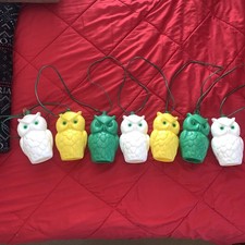 Vintage 7 Blow Mold Plastic OWL Patio RV Camping Tiki Light String Green Eye