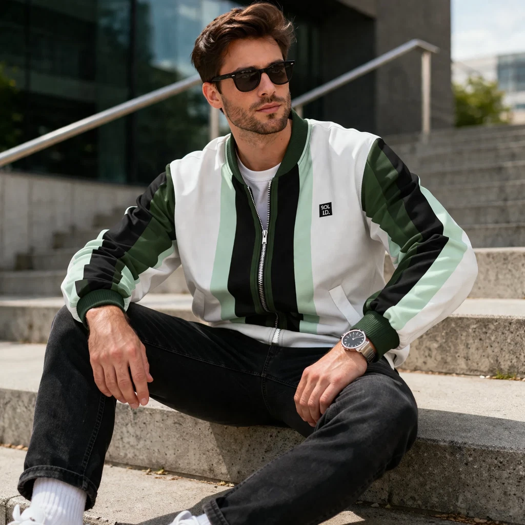 Unisex Bomber Jacket | Color Block Stripe | Green Black Mint | SoL I.D. Brand
Opens in a new window