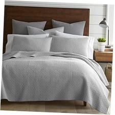- Cross Stitch Light Quilt Set - 100 Cotton - King/Cal King Quilt - King Grey