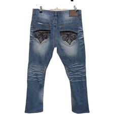 Affliction Men’s Jeans 34x31 Blue Distressed Straight Fit Ace Y2K Style Embroid