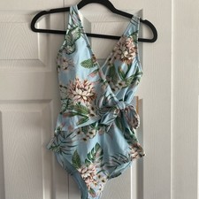Kona Sol Floral Wrap One Piece Swimsuit Womens Small Blue Tropical High Coverage