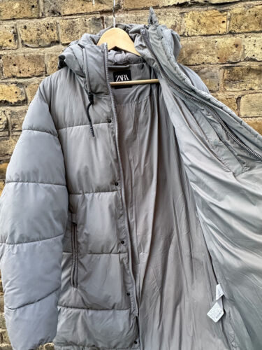 ZARA Mens Puffer Jacket Medium Zipper Coat Hooded Grey Down Storm Cold - Picture 3 of 6