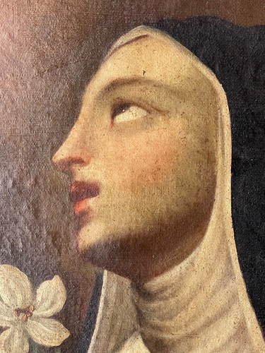 18th Antique Religious - Oil Canvas Painting - Nun with Lily - Picture 15 of 24